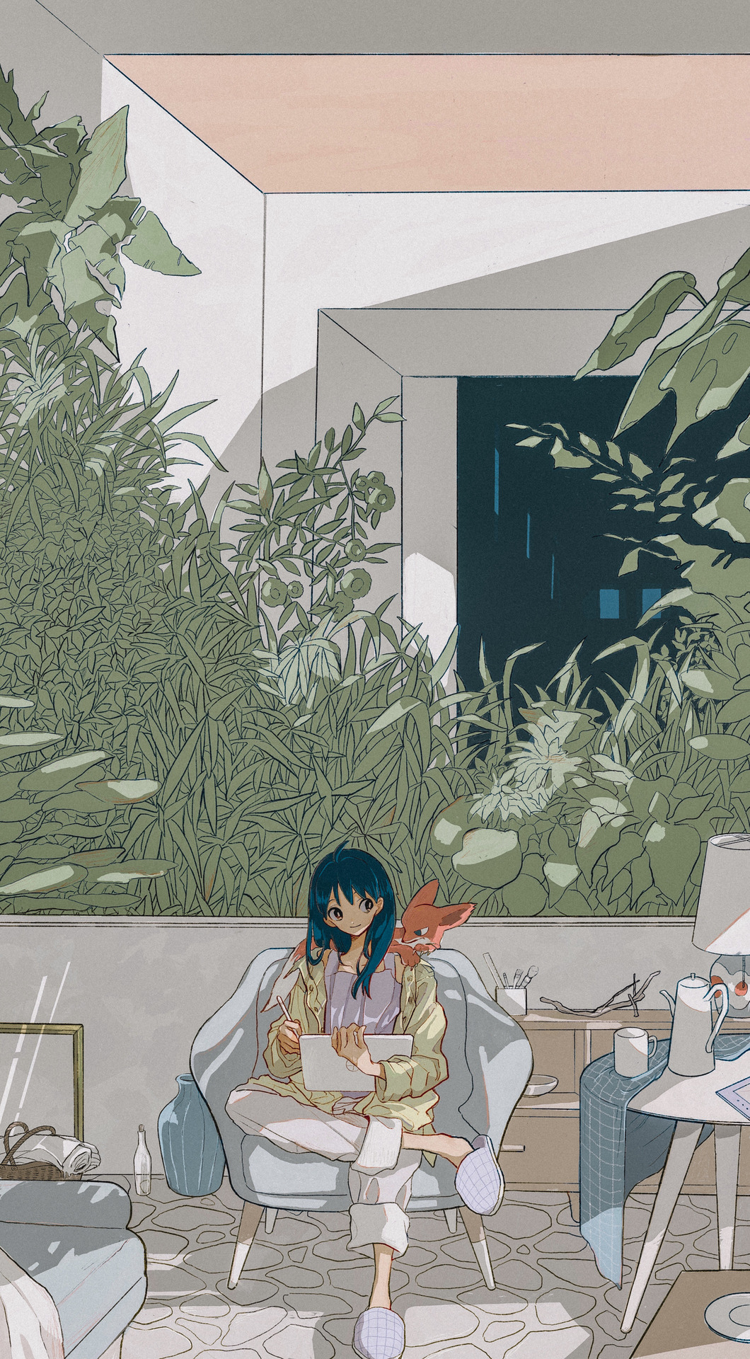 1girl, amiyakinyu, bangs, basket, black_hair, bottle, cup, fox