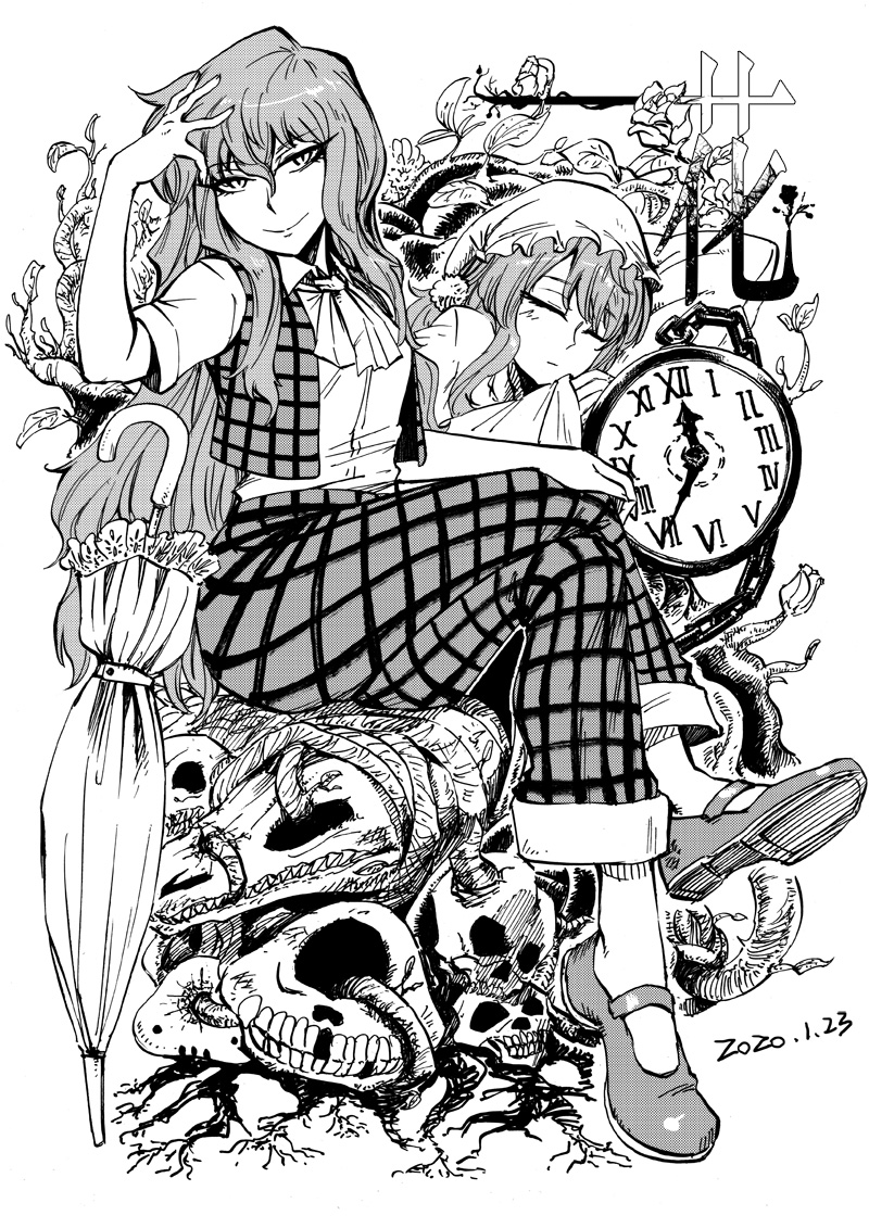 1girl, blackcat_(pixiv), chain, clock, closed_eyes, crossed_legs, dated, dual_persona