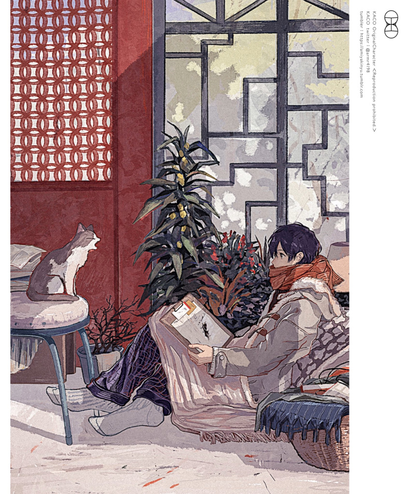 1boy, amiyakinyu, basket, black_hair, cat, clipboard, closed_eyes, coat