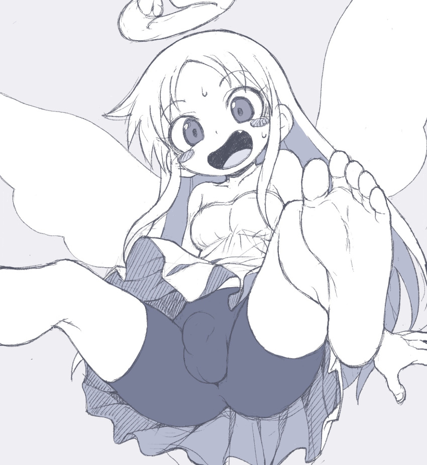 1other, angel, angel_wings, barefoot, bike_shorts, blush_stickers, broken_halo, crimvael