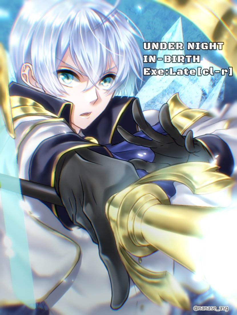1boy, aqua_eyes, bangs, black_gloves, blue_background, blue_neckwear, cane, cape