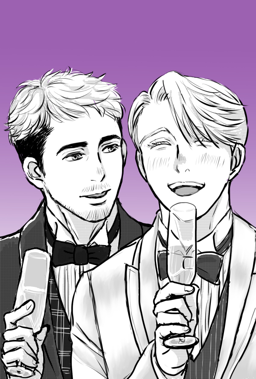 2boys, ^_^, blush, bow, bowtie, champagne_flute, christophe_giacometti, closed_eyes