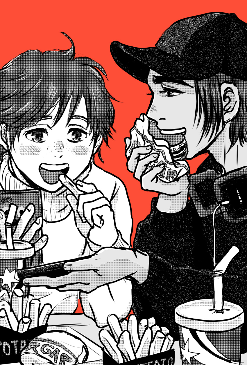 2boys, baseball_cap, cellphone, cup, disposable_cup, drinking_straw, eating, food
