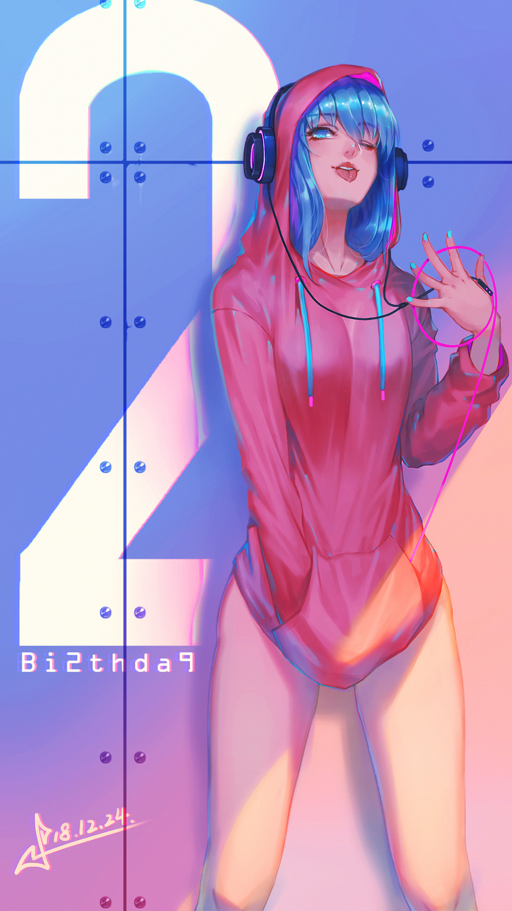 1girl, ;p, against_wall, bare_legs, blue_eyes, blue_hair, breasts, cable