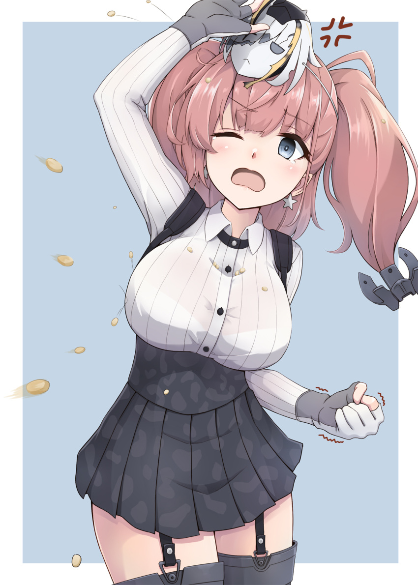 1girl, anger_vein, arm_up, atlanta_(kantai_collection), bangs, black_skirt, blue_background, blush