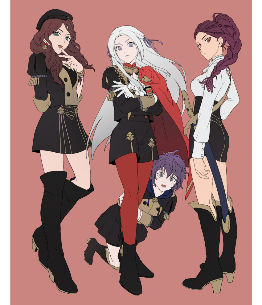 4girls, azkn, bernadetta_von_varley, boots, bracelet, braided_ponytail, brown_hair, cape, crossed_arms, dorothea_arnault, dress, earrings, edelgard_von_hresvelg, fire_emblem, fire_emblem:_three_houses, garreg_mach_monastery_uniform, gloves, hat, hiding, highres, jewelry, long_hair, multiple_girls, pantyhose, petra_macneary, purple_hair, red_background, red_legwear, sword, thigh-highs, thigh_boots, weapon, white_gloves, white_hair