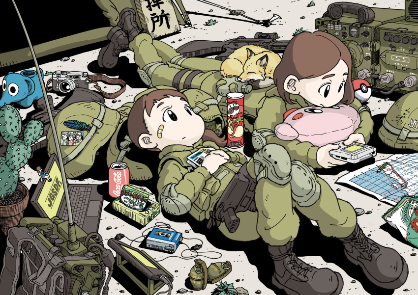 2girls, animal, assault_rifle, backpack, backpack_removed, bag, bandaid, bandaid_on_face