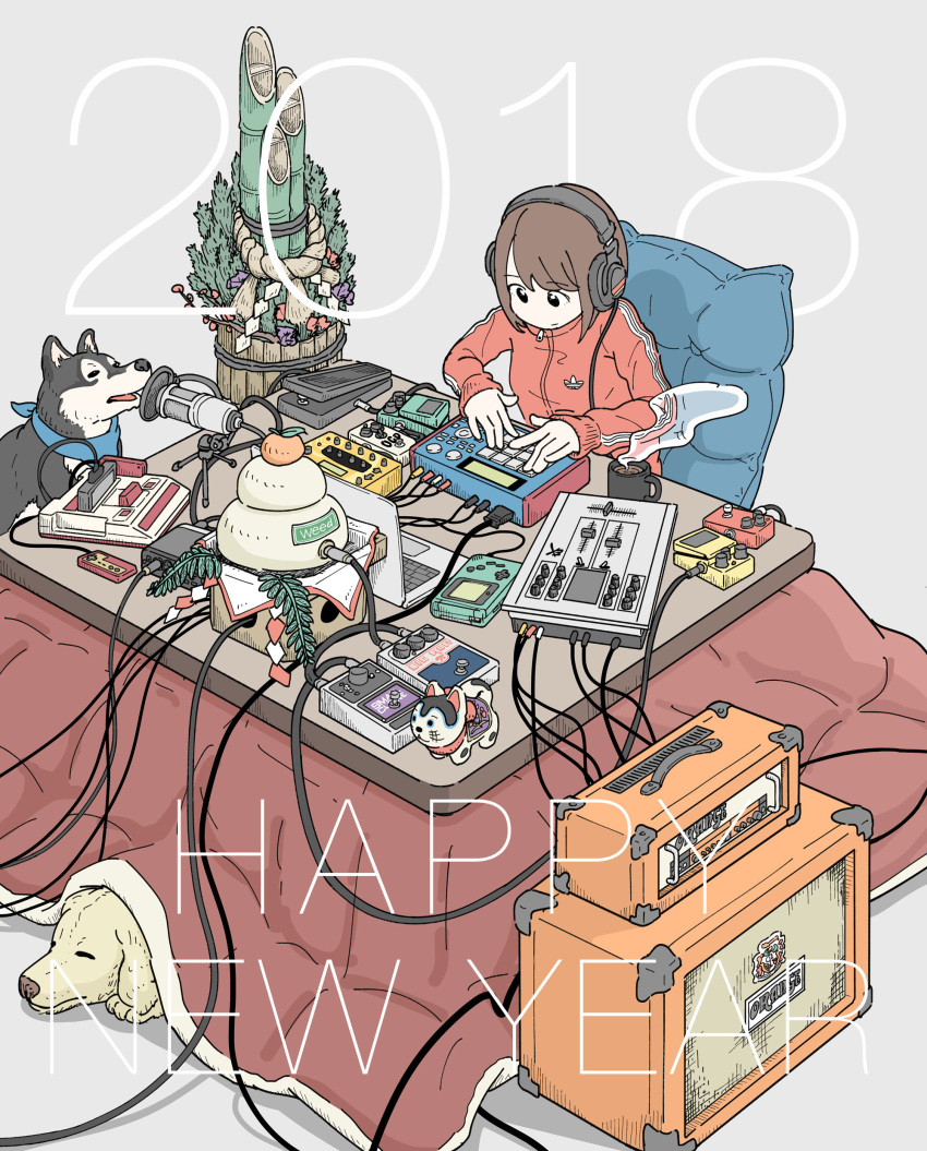 1girl, 2018, absurdres, adidas, amplifier, animal, brown_hair, cable