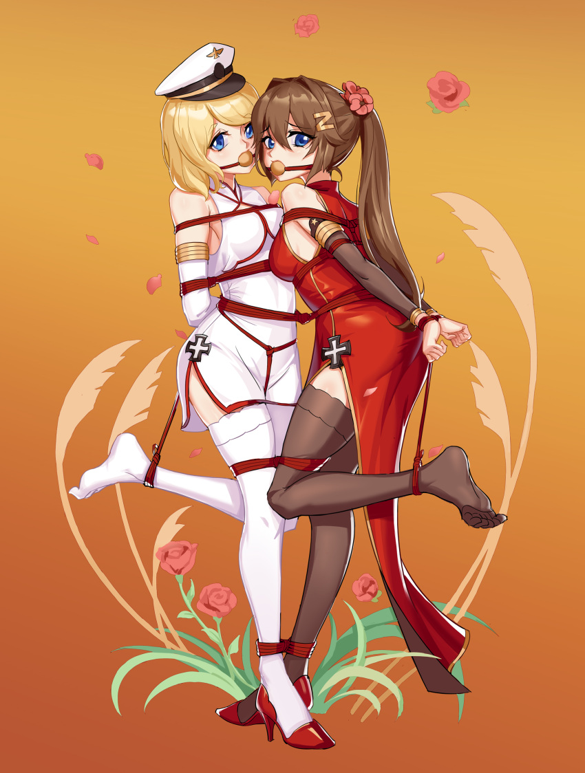 2girls, absurdres, bdsm, black_legwear, blonde_hair, blue_eyes, bondage, bound