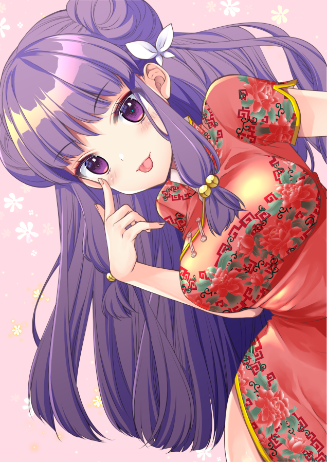 1girl, :p, bangs, bow, breasts, china_dress, chinese_clothes, cowboy_shot