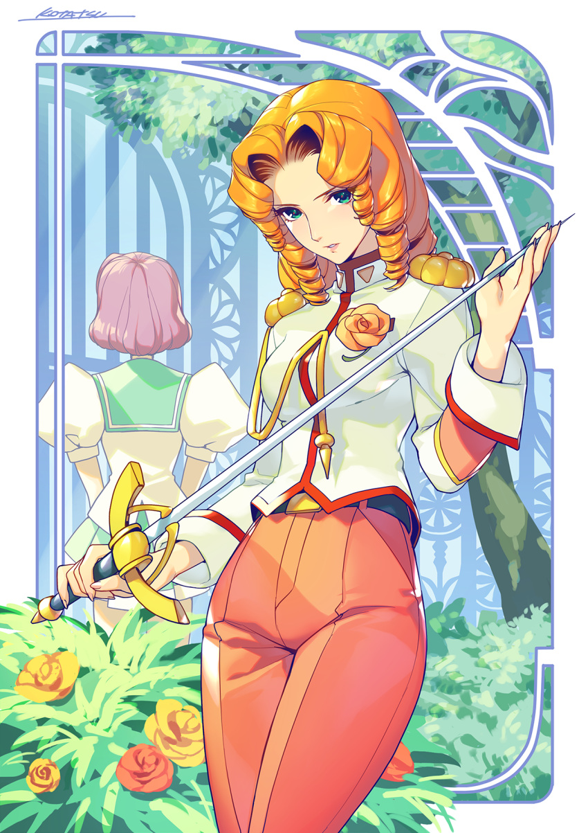 2girls, arisugawa_juri, back, blonde_hair, brown_pants, cowboy_shot, flower, green_eyes