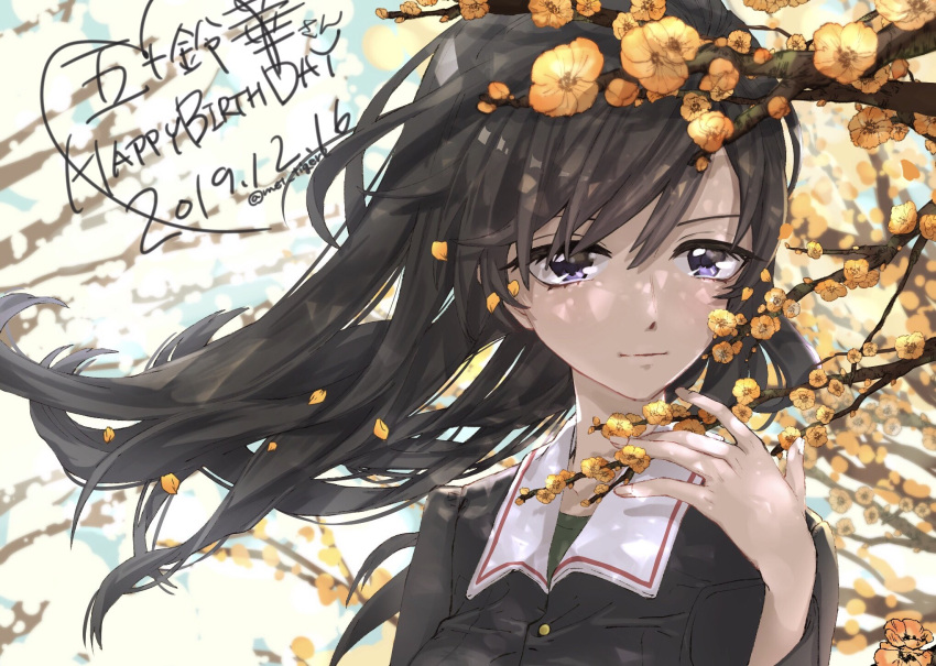 1girl, ahoge, bangs, black_eyes, black_hair, blue_jacket, branch, commentary