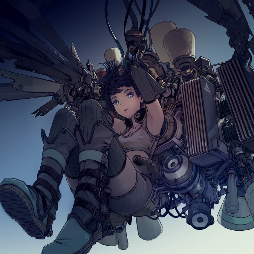 1girl, arms_up, belt_boots, blue_background, blue_eyes, blue_hair, blue_sky, boots