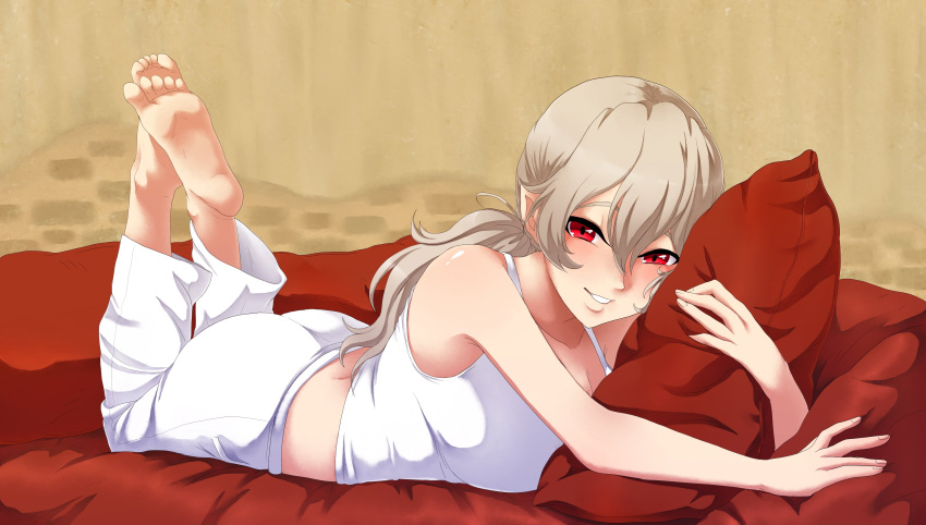 1girl, absurdres, alternate_costume, barefoot, corrin_(fire_emblem), corrin_(fire_emblem)_(female), fire_emblem, fire_emblem_fates, grin, highres, long_hair, lying, on_stomach, pillow, red_eyes, seityr, smile, solo, white_hair