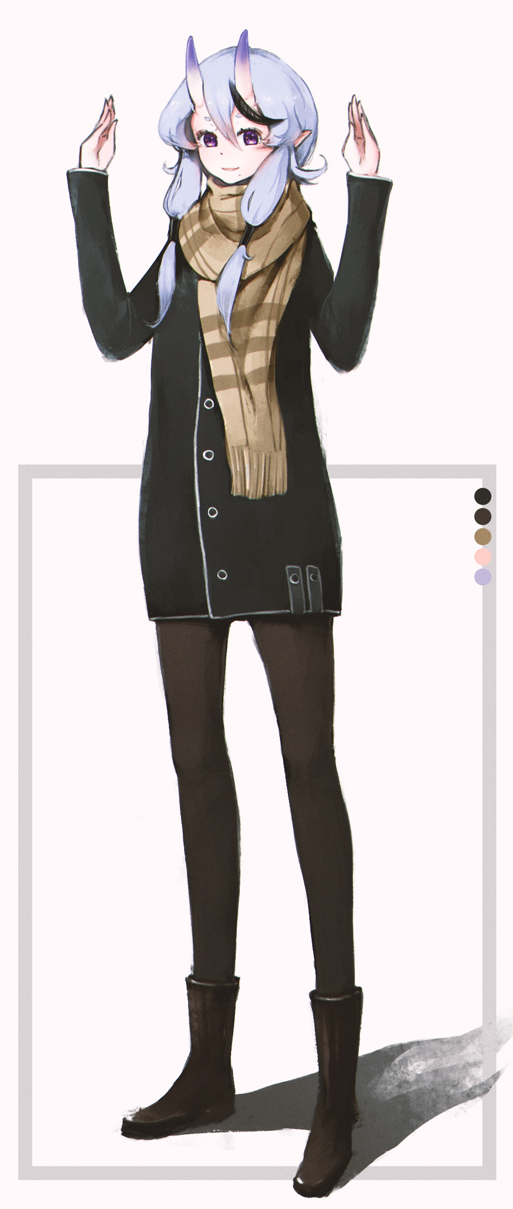 1girl, bangs, black_footwear, black_legwear, boots, brown_scarf, full_body, hair_between_eyes