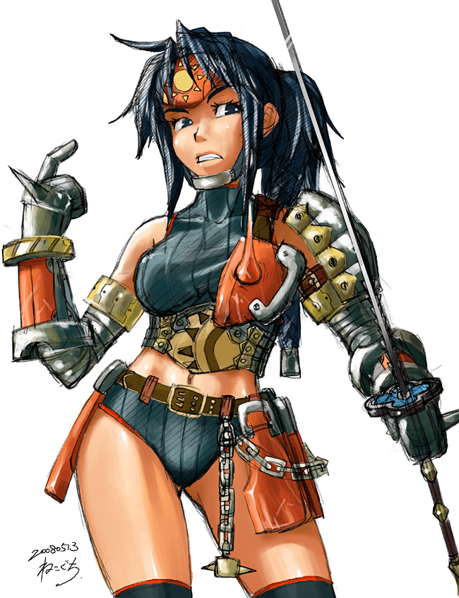 angry, armor, asymmetrical_clothes, bangs, bare_shoulders, belt, black_eyes, black_hair