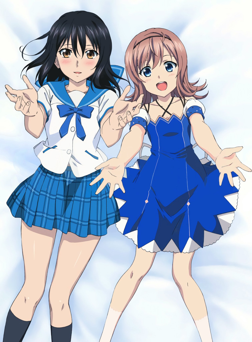 2girls, :d, arms_up, bangs, black_dress, black_hair, black_hairband, black_legwear