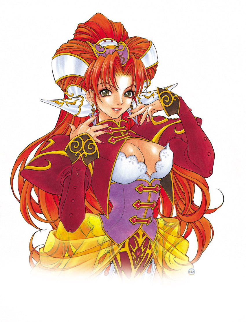 cleavage, corset, earrings, fingernails, grandia, grandia_ii, hair_ornament, highres