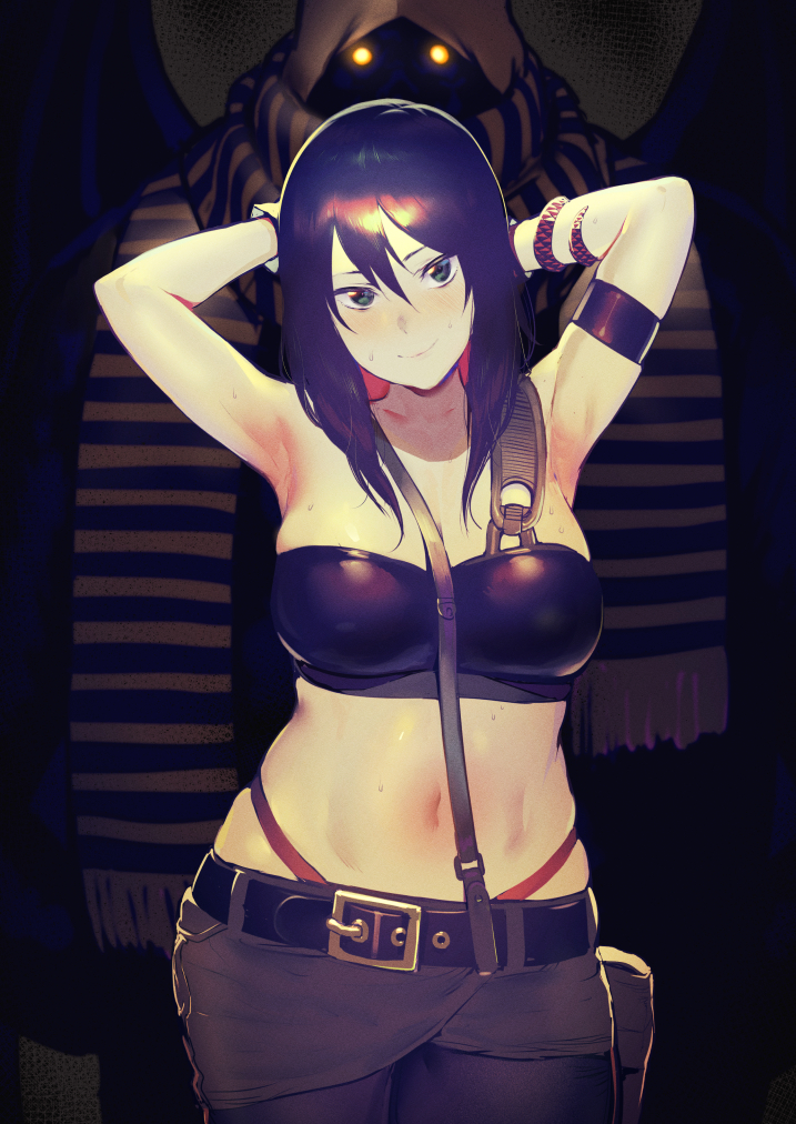 1girl, armlet, armpits, arms_behind_head, asymmetrical_clothes, bangs, belt, black_hair, black_pants, bracelet, breasts, commentary_request, cowboy_shot, dorohedoro, glowing, glowing_eyes, green_eyes, hair_between_eyes, haru_(dorohedoro), highleg, highleg_panties, iku_(ikuchan_kaoru), jewelry, large_breasts, looking_at_viewer, medium_hair, midriff, navel, panties, pants, red_panties, scarf, smile, strapless, striped, striped_scarf, sweat, tubetop, underwear, wings
