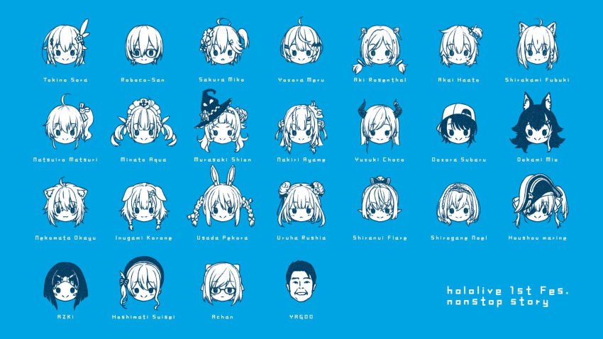 1boy, 6+girls, ahoge, akai_haato, aki_rosenthal, animal_ears, ankimo_(tokino_sora_channel), azki_(hololive)