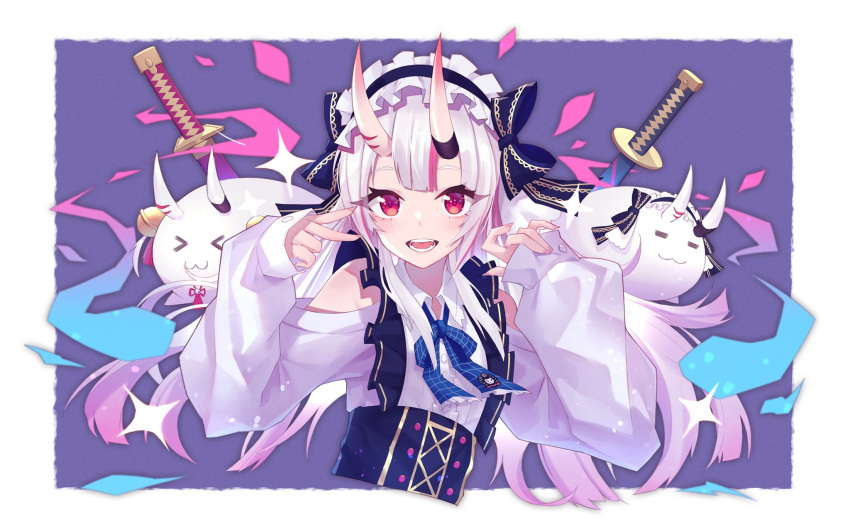 >_<, 1girl, alternate_costume, casual, hair_ornament, highres, hitokuchii, hololive, long_hair, looking_at_viewer, nakiri_ayame, oni_horns, open_mouth, portrait, poyoyo_(ayame_channel), red_eyes, ribbon, silver_hair, solo, v, virtual_youtuber, weapon