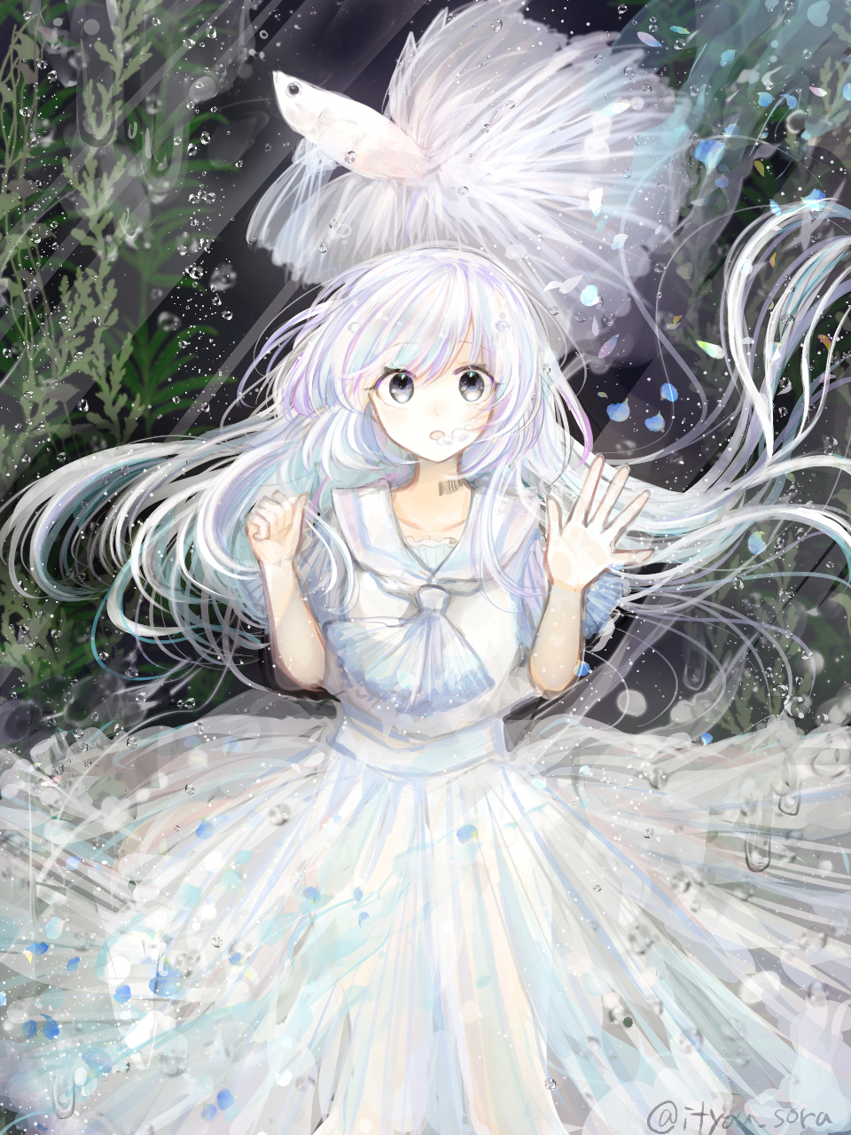 1girl, air_bubble, akikaze_(pokekinokokikaku), bangs, blunt_bangs, bubble, collar, collared_dress