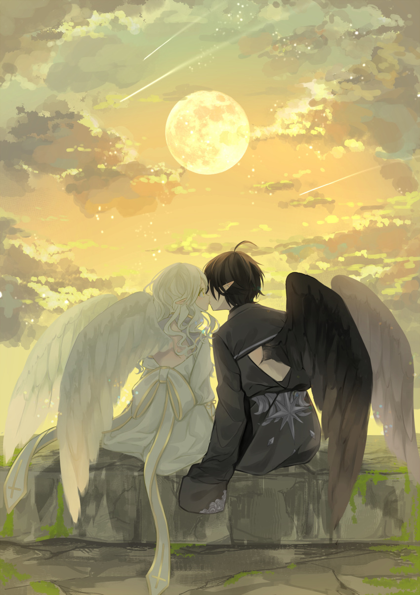 1boy, 1girl, ahoge, back, black_hair, black_vs_white, black_wings, clouds, couple, dress, earrings, feathered_wings, full_moon, hetero, highres, jewelry, kiss, long_hair, long_sleeves, looking_at_another, lying, moon, on_back, original, outdoors, pointy_ears, purimo_(xxxmofmof), ribbon, rock, shooting_star, short_hair, sitting, sunset, white_dress, white_hair, white_ribbon, white_wings, wings, yellow_eyes