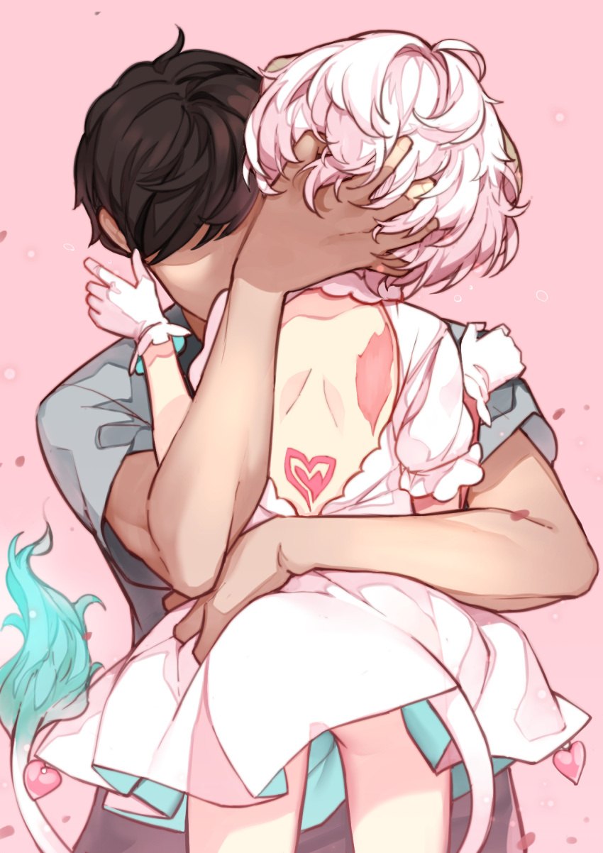 1boy, 1girl, angel, angel_wings, aoi_tsunami, ass, backless_dress, backless_outfit