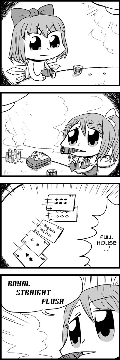 bkub, cigar, cirno, comic, daiyousei, hard_translated, highres, monochrome