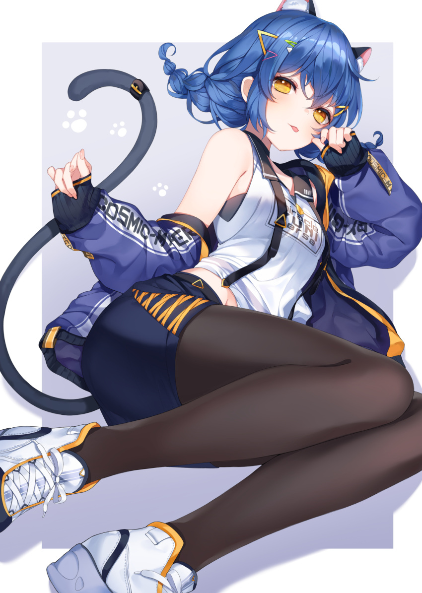 1girl, a20_(atsumaru), animal_ears, black_legwear, blue_background, blue_hair, braid, cat_ears