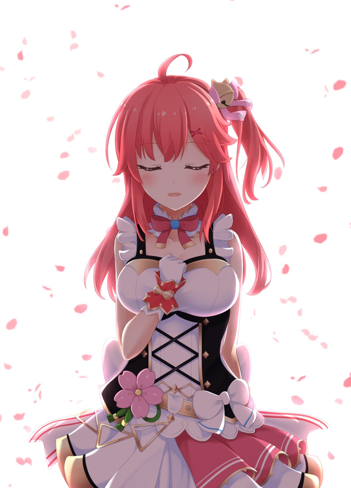 1girl, ahoge, alternate_costume, bare_shoulders, bell, blush, breasts, cherry_blossoms