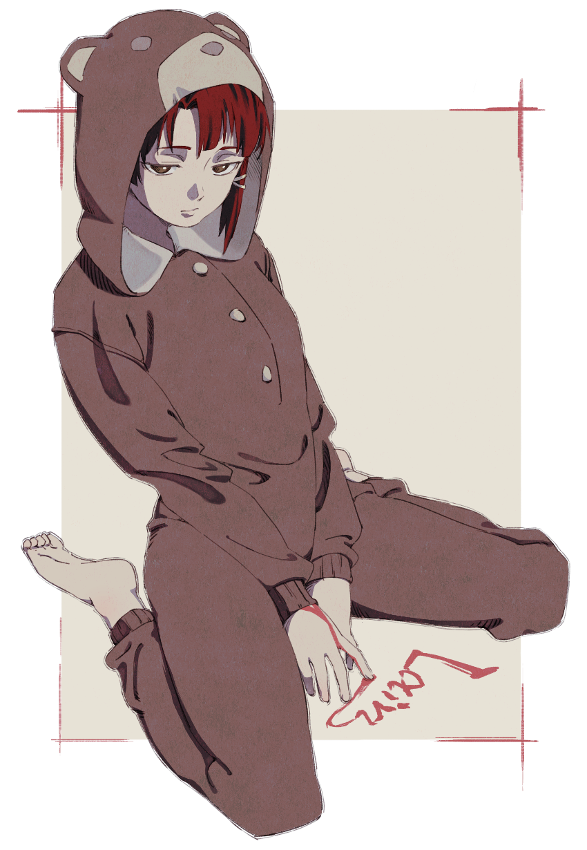 1girl, animal_costume, animal_ears, asymmetrical_hair, barefoot, bear_costume, bear_ears, blood, blood_writing, brown_eyes, brown_hair, character_name, closed_mouth, commentary_request, feet, hair_tie, highres, hood, hoodie, iwakura_lain, looking_at_viewer, serial_experiments_lain, short_hair, soles, solo, toes