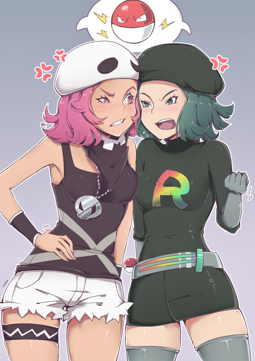 2girls, anger_vein, angry, belt, black_dress, black_gloves, black_headwear, black_shirt