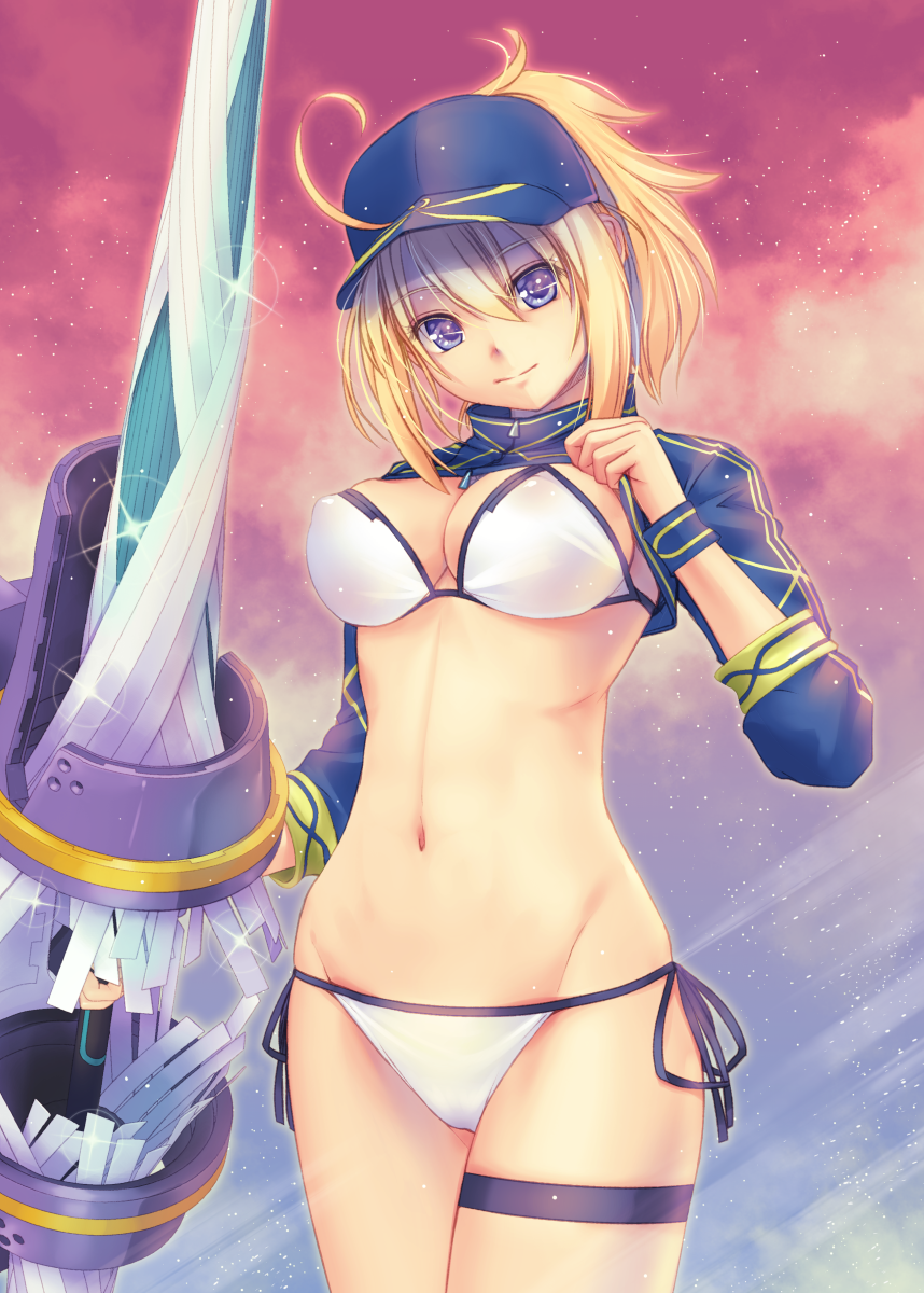 1girl, ahoge, artoria_pendragon_(all), bangs, baseball_cap, bikini, blonde_hair, blue_eyes