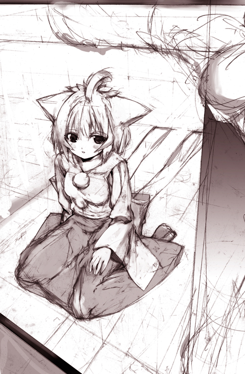 inubashiri_momiji, long_skirt, monochrome, purple, repair, sketch, touhou, wolf_ears