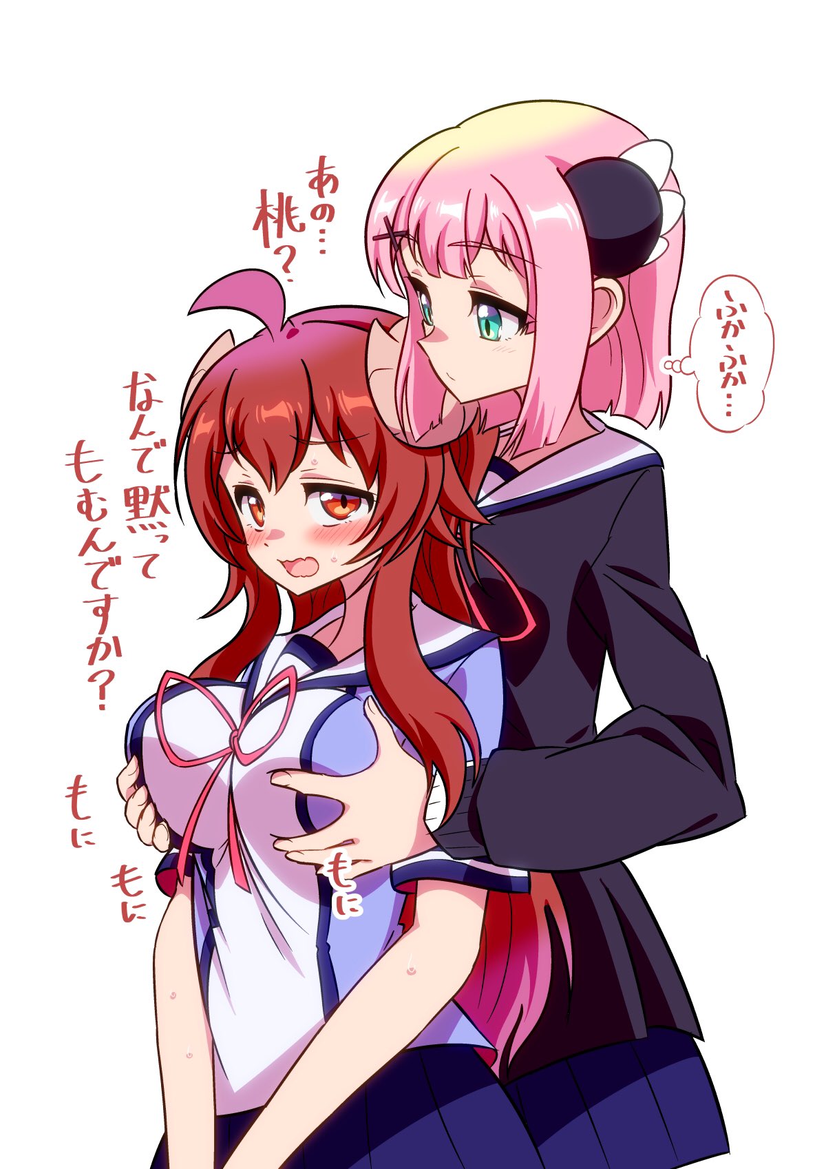 2girls, ahoge, blush, breast_grab, brown_hair, chiyoda_momo, demon_girl, demon_horns