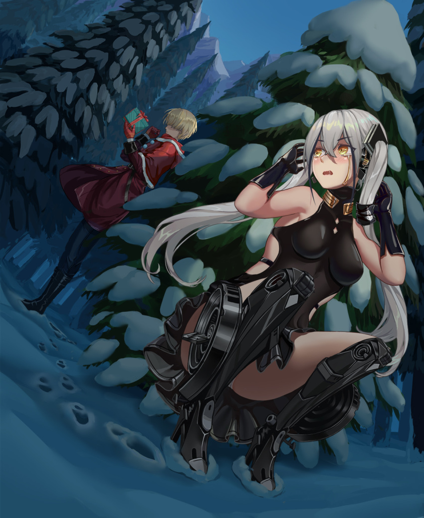 1boy, 1girl, belt, black_gloves, blonde_hair, blush, capelet, chinese_commentary