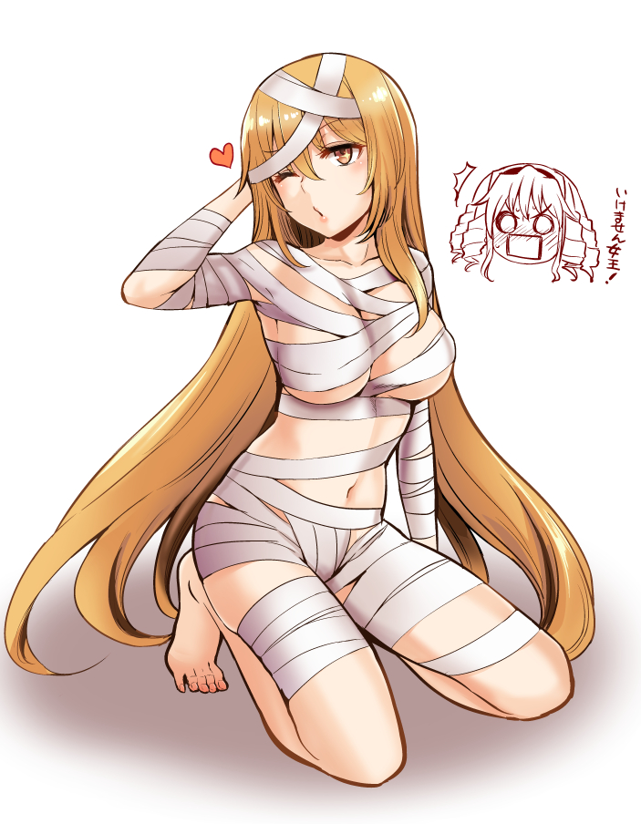 2girls, akanagi, astral_buddy, bandaged_arm, bandaged_head, bandaged_leg, bandages, barefoot, blonde_hair, blush, breasts, drill_hair, halloween, heart, hokaze_junko, kneeling, large_breasts, long_hair, multiple_girls, mummy, mummy_costume, naked_bandage, navel, one_eye_closed, shokuhou_misaki, symbol-shaped_pupils, to_aru_kagaku_no_railgun, to_aru_majutsu_no_index, yellow_eyes