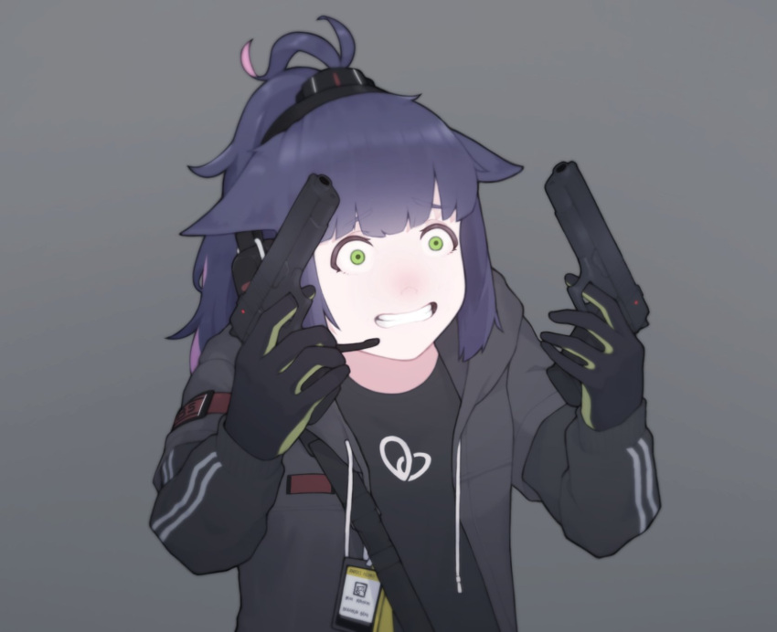 1girl, animal_ears, arknights, crazy_eyes, crazy_smile, dark_blue_hair, dual_wielding, green_eyes, gun, guns_akimbo_(movie), handgun, highres, holding, jacket, jessica_(arknights), meme, parody, peachyp_pyp, ponytail, solo, weapon