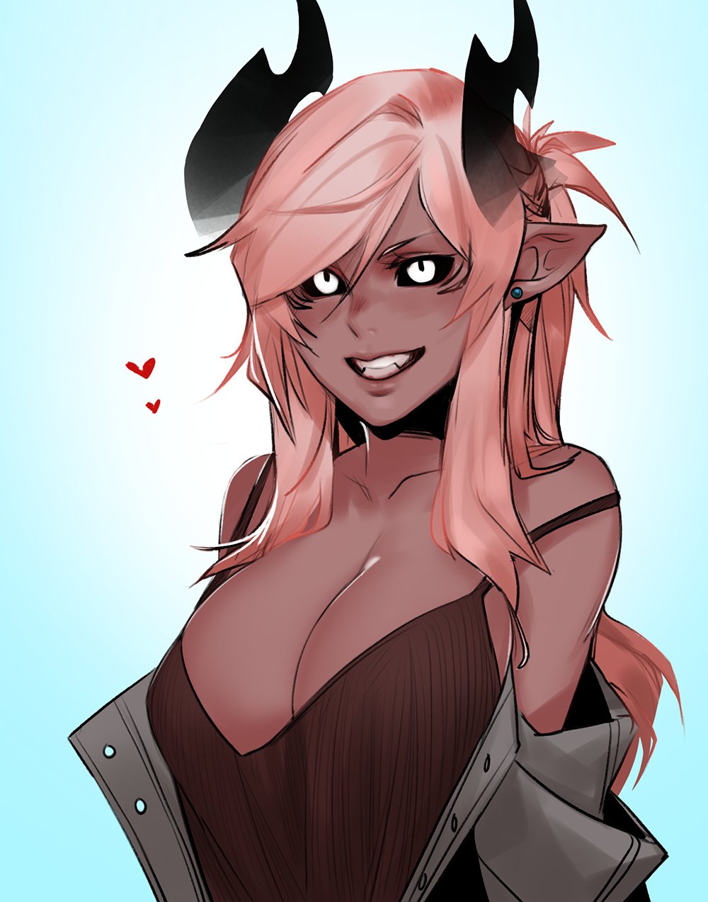 1girl, aiko_(less), bangs, black_sclera, blue_background, breasts, collarbone, commentary, dark_skin, demon_girl, earrings, english_commentary, fangs, grey_jacket, grin, highres, horns, jacket, jewelry, large_breasts, less, long_hair, looking_at_viewer, off_shoulder, original, pink_hair, pointy_ears, ponytail, sidelocks, simple_background, smile, solo, spaghetti_strap, strap_slip, stud_earrings, swept_bangs, teeth, upper_body, white_eyes