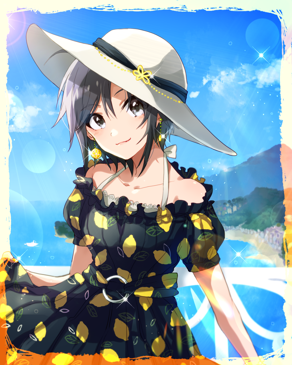 1girl, anaroguya, bangs, beach, black_dress, blue_sky, blurry, blurry_background