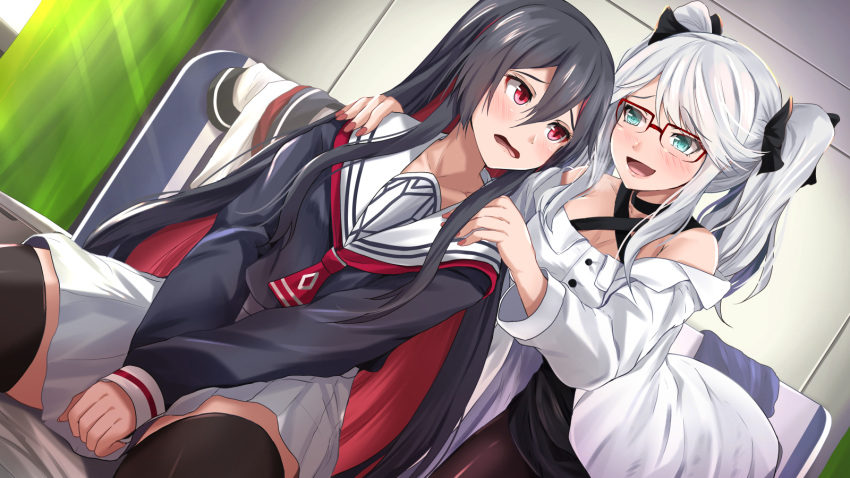 2girls, bangs, bare_shoulders, between_legs, black_bow, black_choker, black_hair, black_legwear