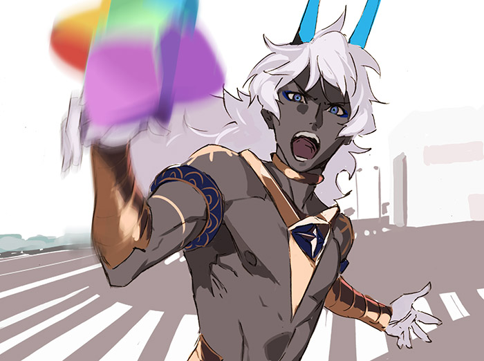 1boy, arjuna_alter, armlet, blue_eyes, blurry, dark_skin, dark_skinned_male, depth_of_field, fate/grand_order, fate_(series), horns, long_hair, male_focus, open_mouth, pako, parody, running, saint_quartz, seiyuu_connection, shimazaki_nobunaga, shirtless, solo, white_hair