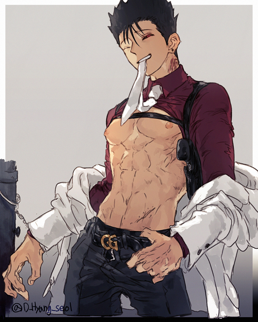 1boy, abs, belt, black_hair, black_pants, cuffs, earrings, gun, hand_on_hip, handcuffs, highres, holster, jewelry, leeis_cool, long_sleeves, male_focus, mob_psycho_100, mouth_hold, necktie, nipples, one_eye_closed, pants, red_eyes, shimazaki_ryo, shoulder_holster, solo, standing, stud_earrings, twitter_username, weapon, white_neckwear
