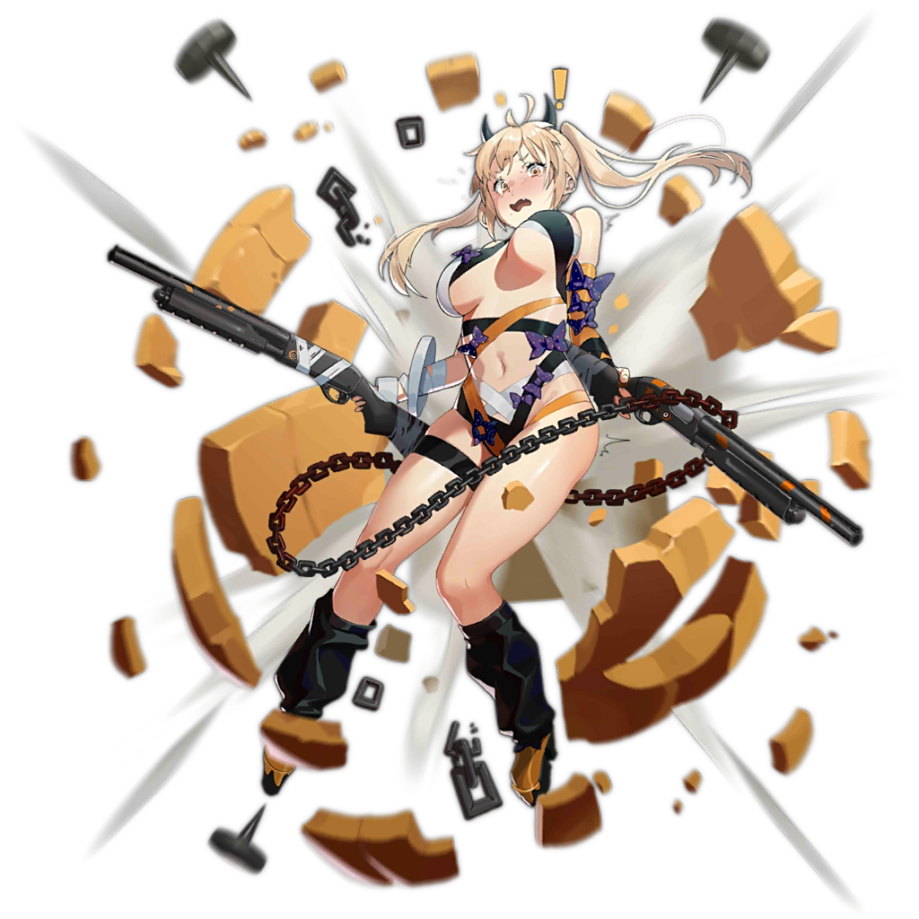 !, ahoge, alternate_costume, bandages, blonde_hair, blush, breasts, chain