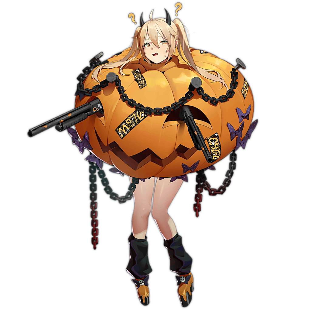 ??, ahoge, alternate_costume, blonde_hair, blush, chain, demon_horns, dual_wielding