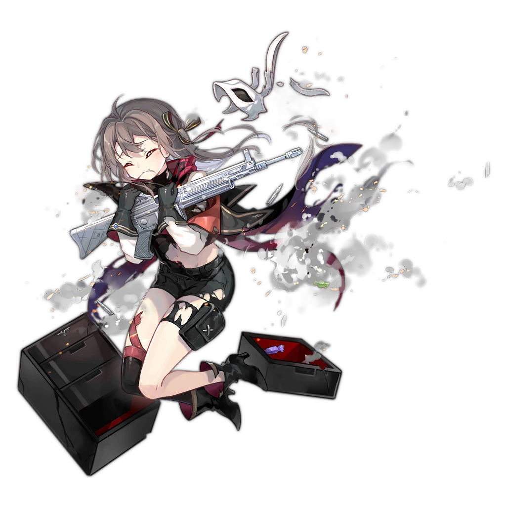 1girl, alternate_costume, ankle_boots, assault_rifle, bangs, black_footwear, black_gloves, black_headwear