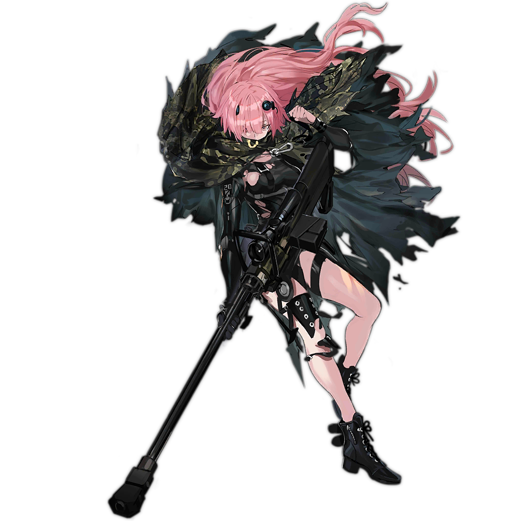 1girl, anti-materiel_rifle, bangs, bipod, black_footwear, black_gloves, black_leotard, boot_straps