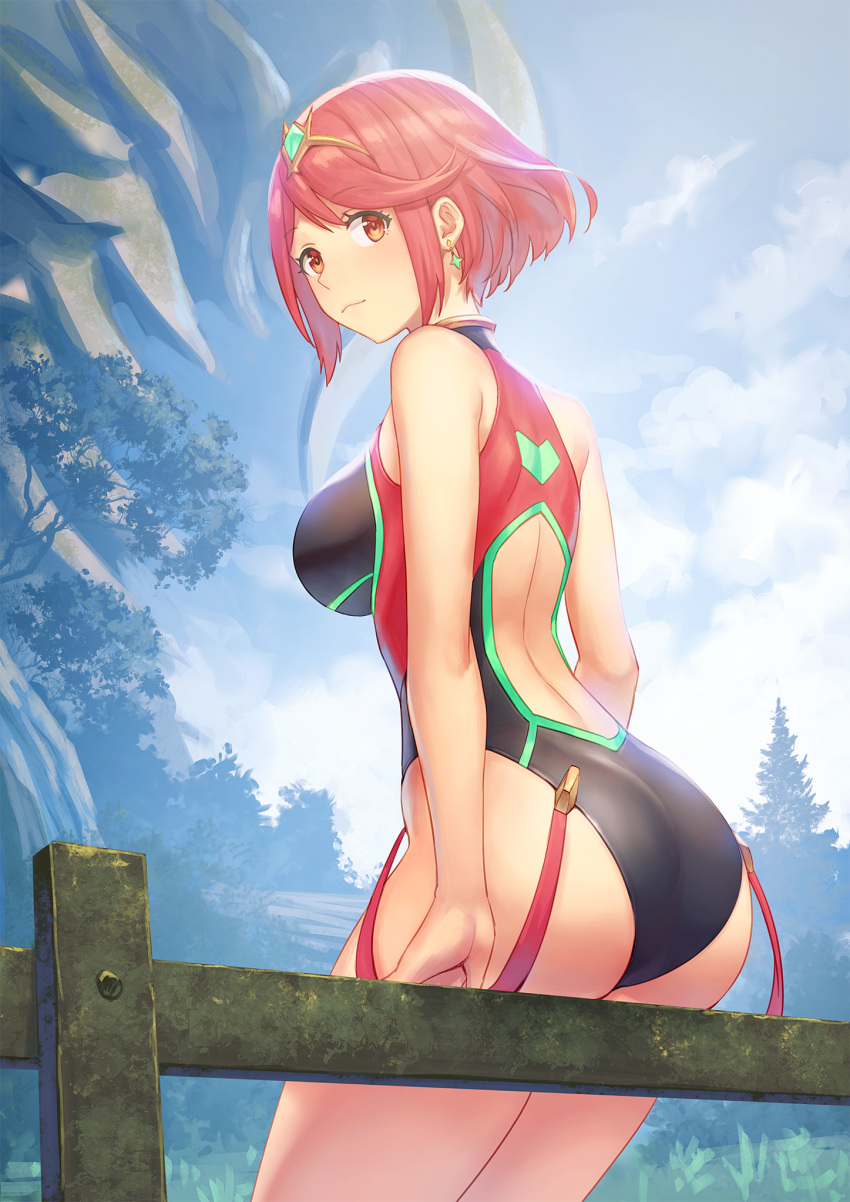 1girl, anbe_yoshirou, ass, back_cutout, bangs, bare_arms, bare_shoulders, breasts