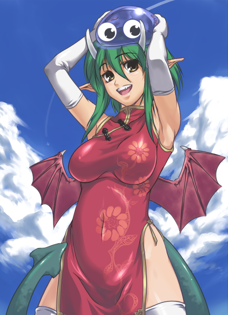 bad_id, china_dress, chinadress, chinese_clothes, draco_centauros, elbow_gloves, fang, gloves, green_hair, hijiri, horns, pointy_ears, porori, puyopuyo, tail, thigh-highs, thighhighs, wings, yellow_eyes